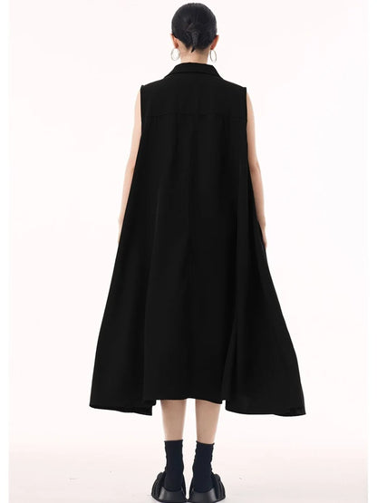 XITAO Sleevel Single Breasted Pocket Dress Mid-calf Turn-down Collar Female Fashion Solid Color Casual Slimming Dress GMM1360