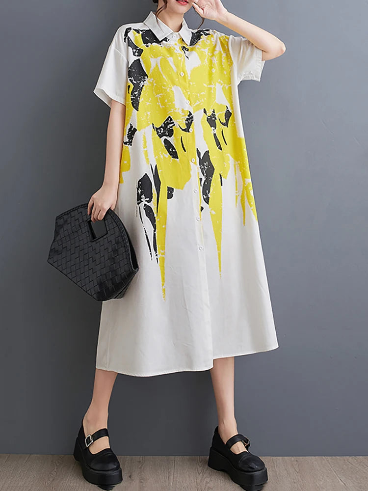 XITAO Printed Splicing Casual Dress Turn Down Collar Short Sleeve Single Breasted Loose Summer Fashion Women Dress LYD1773