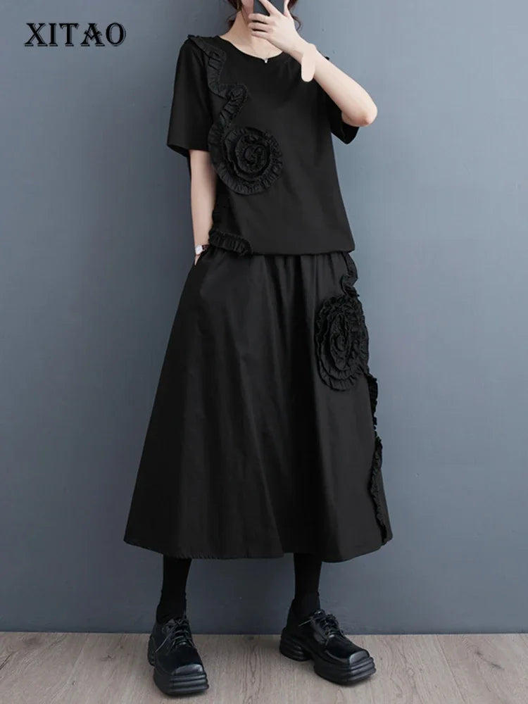 XITAO Black Dress Sets Women Korea Personality Fashion Loose O-neck Short Sleeve Dress Sets Summer New Arrival WLD11365