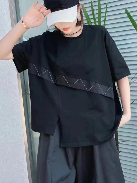 XITAO Asymmetrical Patchwork Geometric T-shirts Solid Color Short Sleeve Split O-neck Tops 2024 Summer New All Match GJ1018