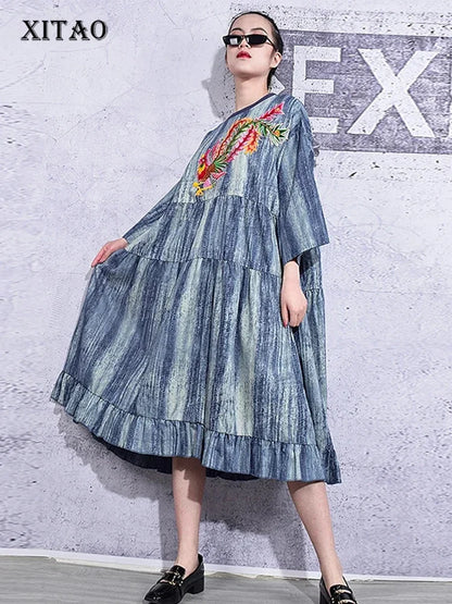 XITAO Embroidery Dress Fashion New Women Pleated Pullover Goddess Fan Casual Style Loose Summer Dress DMY3141