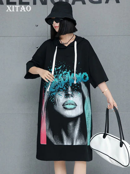 XITAO Hooded Printing Knee-length Dress Casual Loose Fitting Straight Half Sleeve Pullover Fashion Summer Female Dress GMM1196