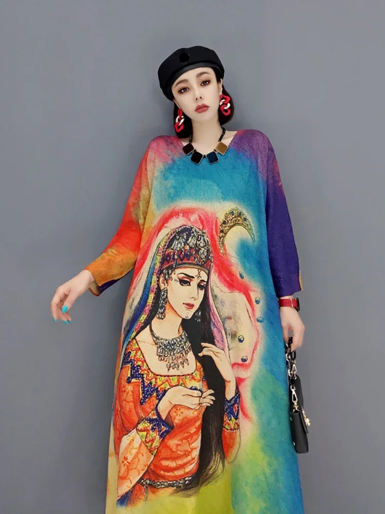 XITAO Trendy Knitting Large Sizer Dress Fashion Contrast Color Pattern Spring Autumn New Long Sleeve Temperament Women WMD2286