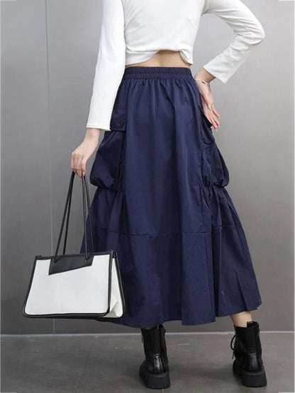 XITAO Pocket Patchwork Folds Solid Color Skirt A-line Mid-calf Fashion All Match Slimming Casual Temperament Loose Skirt GMM1341