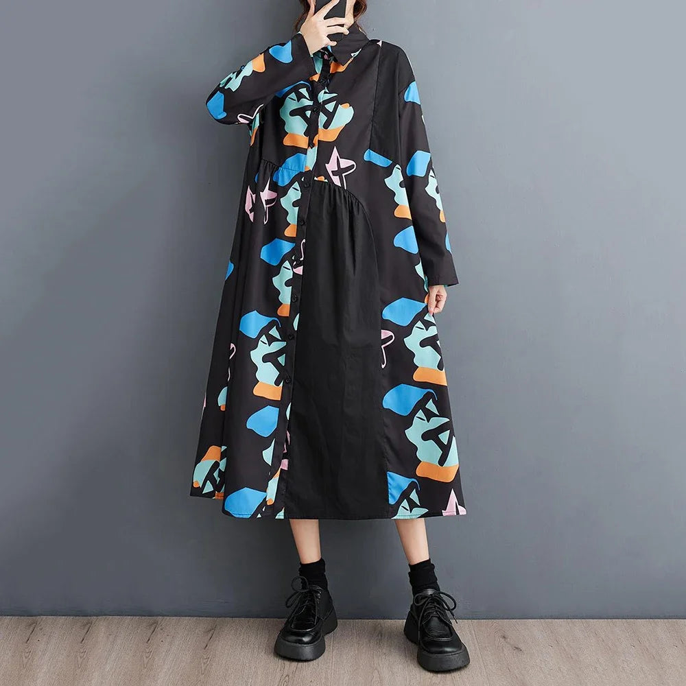 XITAO Contrast Color Print Dress Loose Fashion Long Sleeve Turn-down Collar Shirt Dress Initial Spring New Women LYD1471