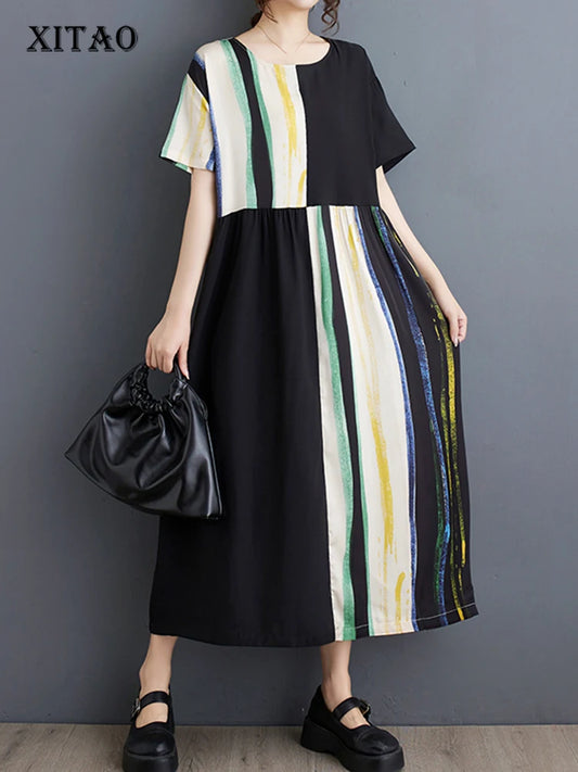 XITAO O-neck Short Sleeve Print A-line Dress Fashion Patchwork Loose Slimming Casual Simplicity Women New Dress WLD20129