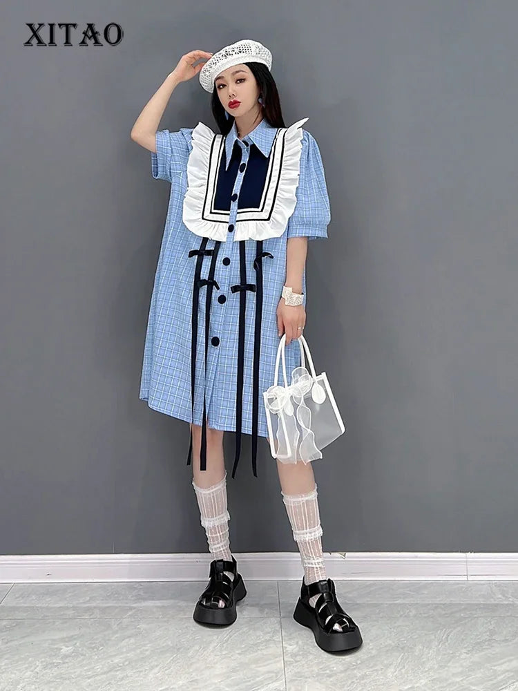 XITAO Ruffle Dress Fashion Drawstring Single Breast Goddess Fan Patchwork Summer Minority Loose Elegant Dress WMD6404