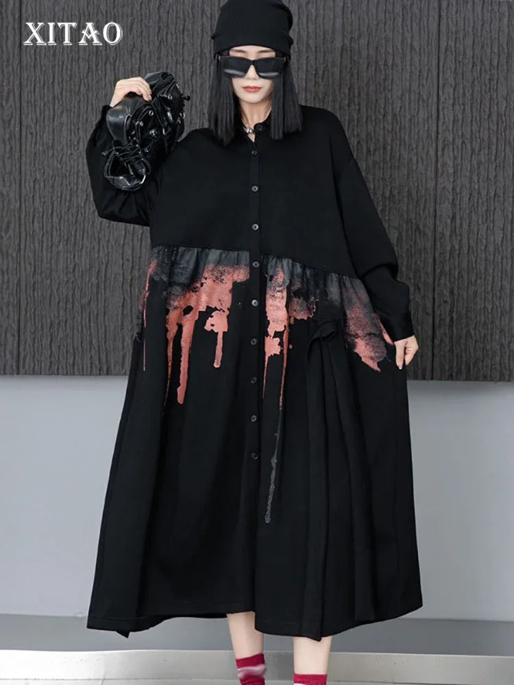 XITAO Print Single Breasted Long Sleeve Trench Solid Color Loose Turn-down Collar Pocket Patchwork Long Coat 2024 Autumn HQQ2379