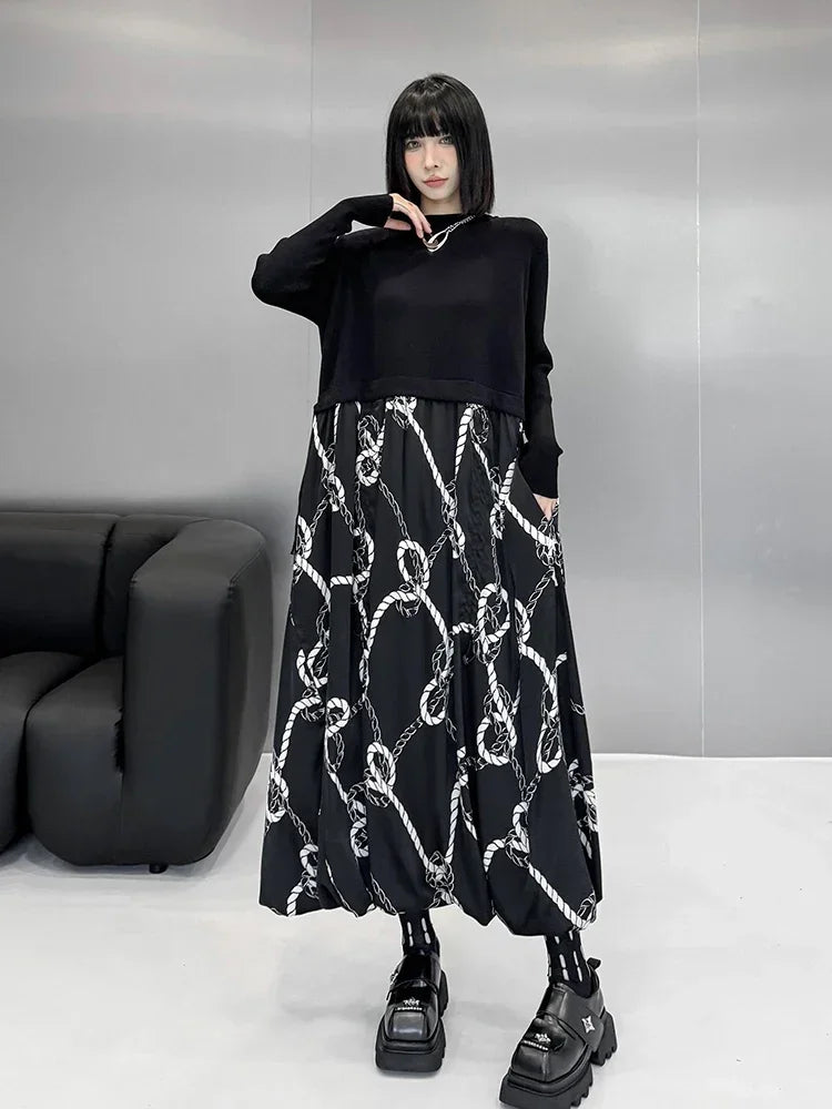 XITAO Fashion Patchwork Printing Female Dresses Long Sleeve New Trendy O-neck Pullover Casual Women Dresses Autumn GYX1058