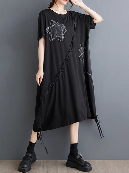 XITAO Black Draw String Lace-up T-shirt Dress Casual Loose Asymmetrical Edible-tree Fungus Splicing Decorate New Dress DMJ4149