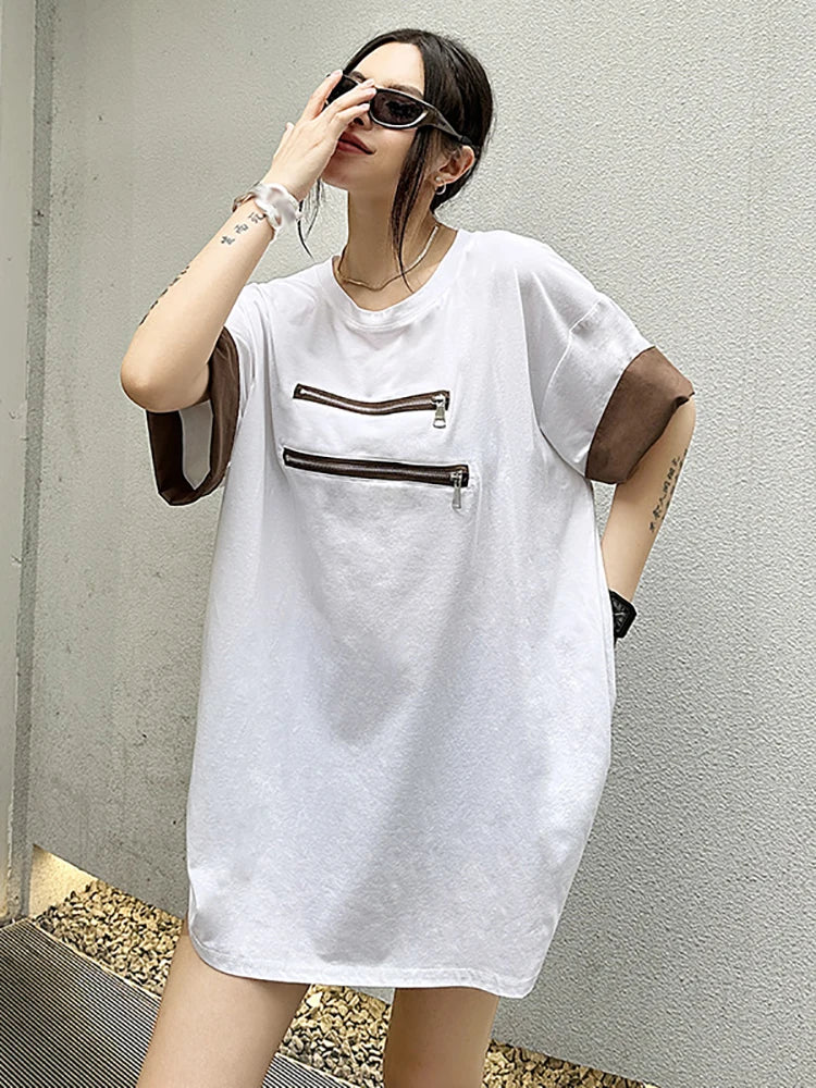 XITAO Zipper Patchwork Short Sleeve T-shirts O-neck Solid Color Pullover Loose Slimming Tops Summer Fashion All Match ZY8679