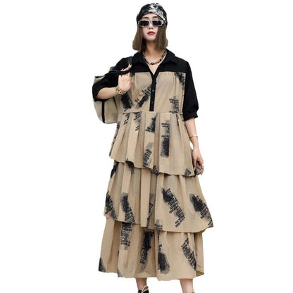 XITAO False Two Pieces Pleated Shirt Dress Contrast Color Patchwork Long Sleeve Multi Layer Ruffle Edge Hem Spring New HQQ2278