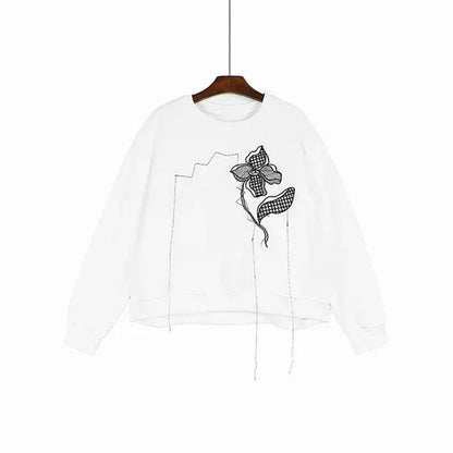 XITAO Embroidery Patchwork O-neck Sweatshirts Pullover Loose Solid Color Casual Tops Spring New Arrival All Match DMJ3172