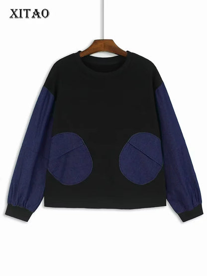 XITAO Loose Dot Denim Patchwork Women Sweatershirt Personality O-neck Round Pocket Casual Long Sleeve Pullover Female Top GJ1116