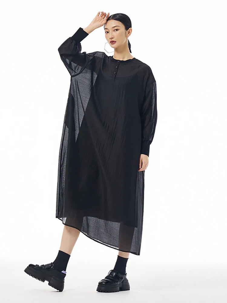 XITAO Perspective Mesh Female Long Sleeve Dresses Casual 2024 Autumn O-neck Pullover A-line Loose Mid Calf Women Dress LJ1072