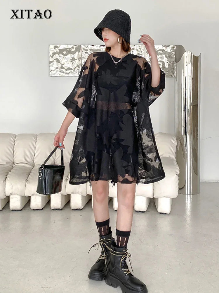 XITAO Solid Color Hollow Out Lace O-neck Loose Dress Summer New Casual Fashion Temperament All Match Show Thin WMD7032