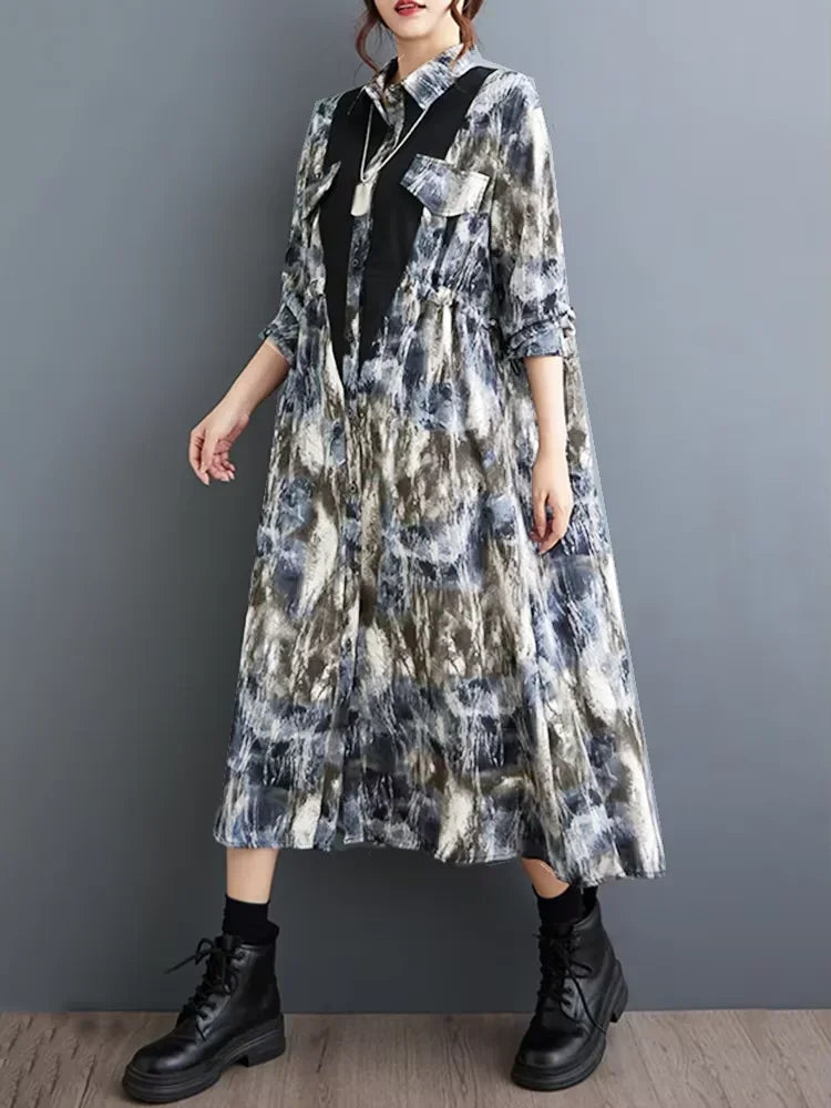 XITAO Loose Print Patchwork Shirt Dress Casual Single Breasted Drawstring Women Autumn New Simplicity Temperament Dress DMJ4175