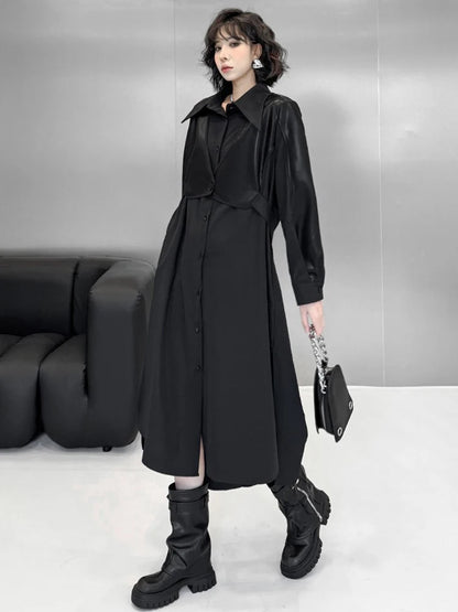 XITAO Loose Pu Patchwork Shirt Dress Casual Long Sleeve A-line Women Temperament Simple Solid Color Slimming Dress HQQ2428