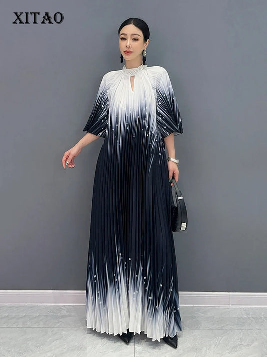 XITAO Senior Sense Gradient Color Dress Beading Stand Collar Pleated Dress Fashion New Three Quarter Sleeve Women WLD20256