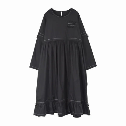 XITAO Drawstring Fold Dress Solid Color Casual Loose Fashion Long Sleeve O-neck Collar Simplicity Women WMD2745