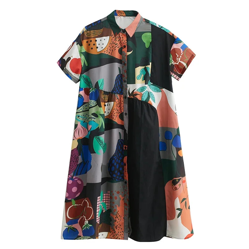 XITAO Printing Shirt Dress Patchwork Contrast Color Short Sleeve Turn-down Collar Elegant Fashion Casual Style Summer ZY8441