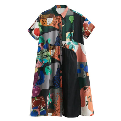 XITAO Printing Shirt Dress Patchwork Contrast Color Short Sleeve Turn-down Collar Elegant Fashion Casual Style Summer ZY8441