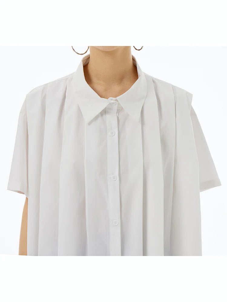 XITAO Solid Color Pleated Shirt Casual Simplicity Loose Fashion Turn-down Collar Short Sleeve Women Top 2024 Summer New ZY8821