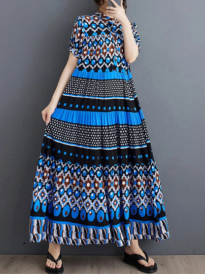 XITAO Casual Print Dress Loose Fashion Contrast Color Geometry Splicing Pattern 2024 Summer New Ethnic Style Dress ZY8692