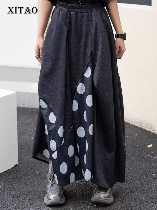 XITAO Asymmetric Patchwork Dot Skirt Loose All-match Trend Women Spring New Casual Elastic Waist Street Wind Skirt GJ1007