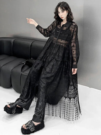 XITAO Casual Hollow Out Lace Black Mid-calf Dress Hong Kong New A-line Full Sleeve Loose Tassel Autumn Women Dress ZYY1117