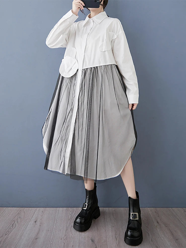 XITAO Patchwork Mesh Irregular Dress Solid Color Casual Hong Kong A-line Turn-down Collar Full Sleeve Women Dress GMM1192