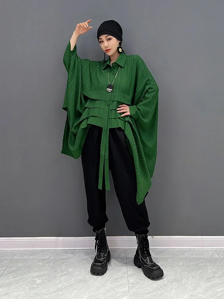 XITAO Personality Irregular Shirt Solid Color Fashion Loose Simplicity Pleated Splicing Bat Wing Sleeve Women Top WLD9412