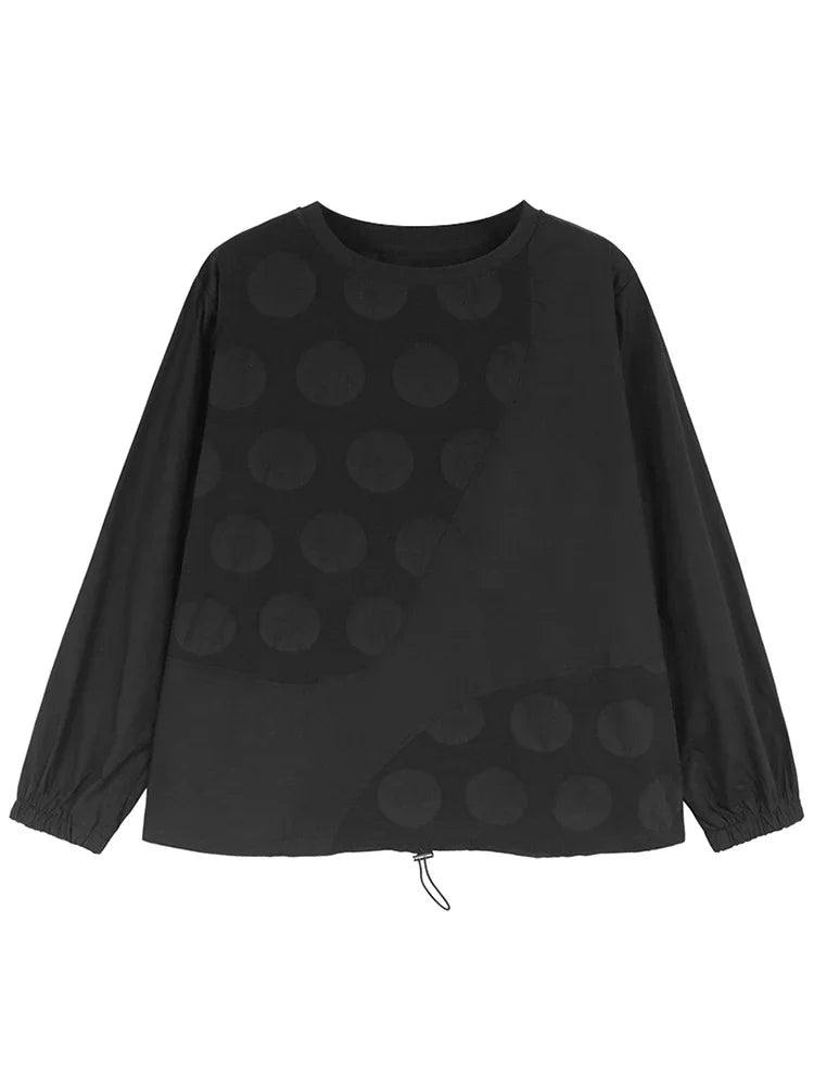 XITAO Drawstring Dot Female T-shirts Casual Loose Long Sleeve Patchwork Solid Color Autumn Pullover Women O-neck Top DMJ5013