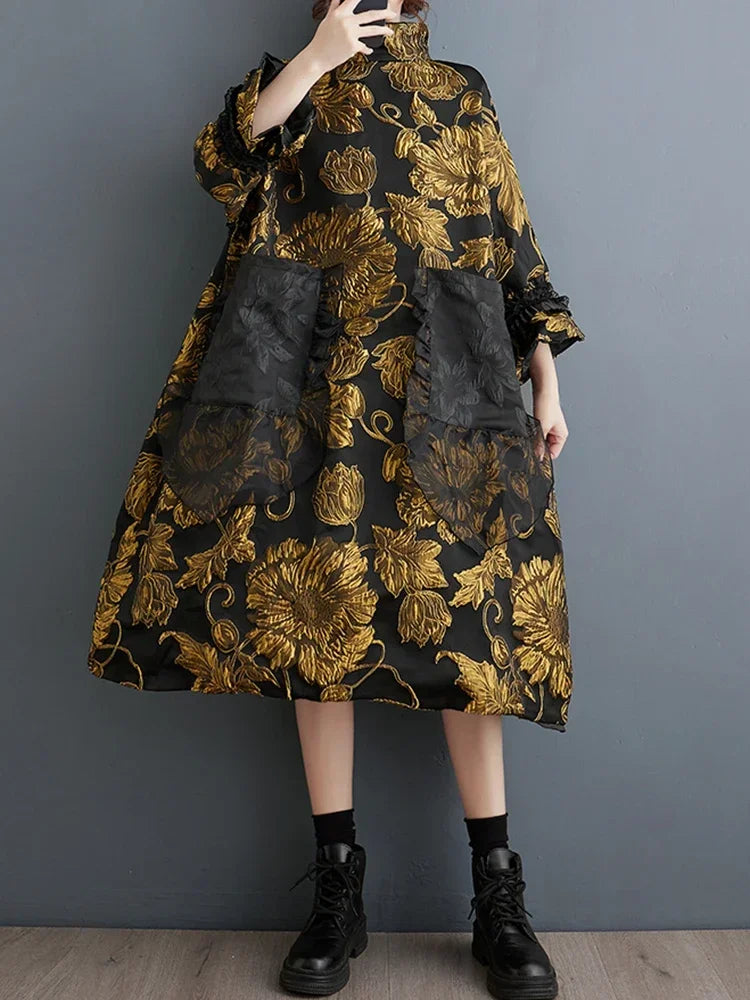 XITAO Stand Collar Chinese Style Dress Patchwork Temperament Slimming Fashion Trendy Winter Women New Pullover Dress DMJ3310