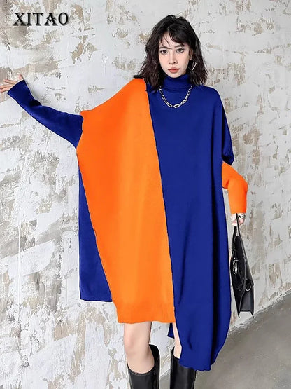 XITAO Contrast Color Asymmetrical Dresses Knitting Turtleneck Batwing Sleeve Loose Fashion Temperament Dress 2024 Autumn GYX1018