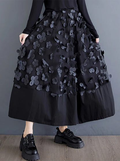 XITAO Korea Patchwork Women A-line Skirt Elastic Waist Flower New Autumn 2024 Female Ankle Length Black Splicing Skirt LJ1066