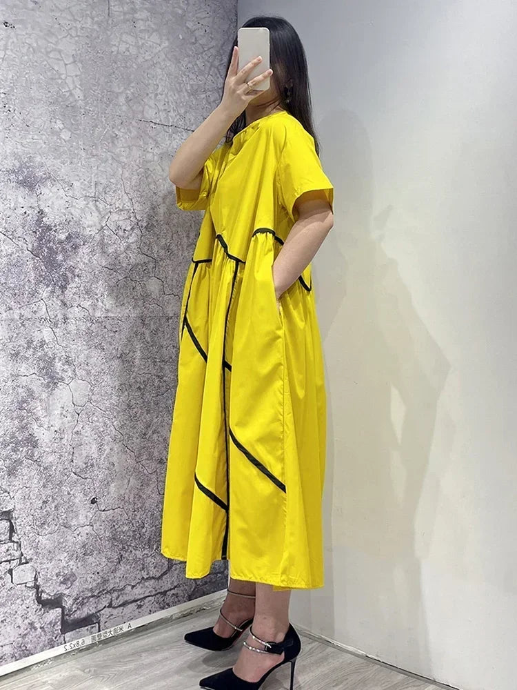 XITAO Casual Fashion T-shirt Dress Loose Simplicity Temperament Contrast Color Line Decoration Dress Summer New Women ZY8437