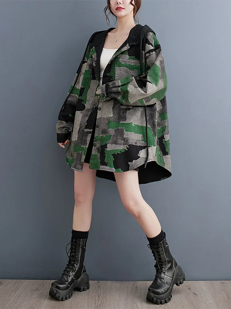 XITAO Camouflage Hooded Single Breasted Jackets Long Sleeve Vintage Loose Fashion Slimming 2024 Spring New Casual  LYD1477