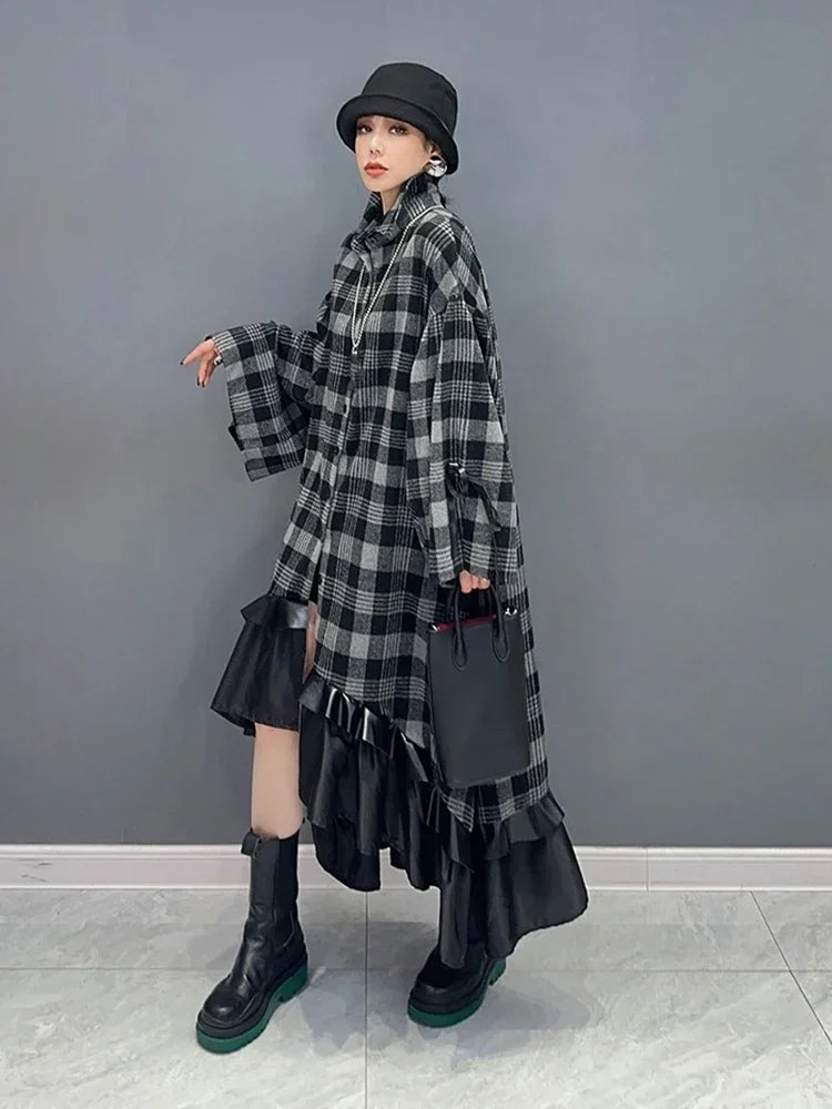 XITAO Asymmetrical Plaid Patchwork Gauze Dress Single Breasted Turn-down Collar Flare Sleeve Slimming 2024 Autumn New LJ1054