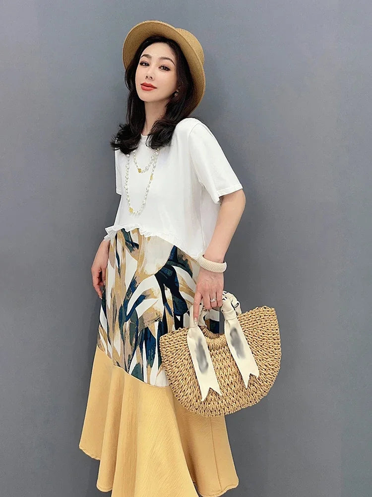 XITAO Patchwork Print Dress Contrast Color Pullover Loose Show Thin Summer New Arrival Casual Fashion All Match DMJ1055