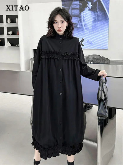 XITAO Women Dress Pullover Black Ruffle Single Breast Patchwork Pocket Goddess Fan Casual Style Loose Dress 2024 ZY8158