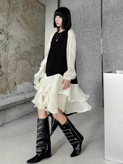 XITAO Gauze Patchwork Contrast Color O-neck Dress Pullover Long Sleeve Loose Slimming Temperament Dresses 2024 Autumn HQQ2416