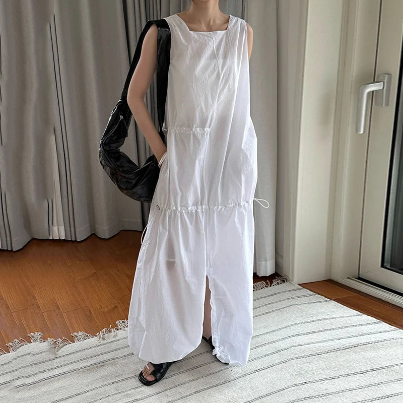 XITAO Casual Sleeveless Dress Asymmetrical Drawstring Decorate Solid Color Loose Fashion Square Collar Women New Dress ZY8849