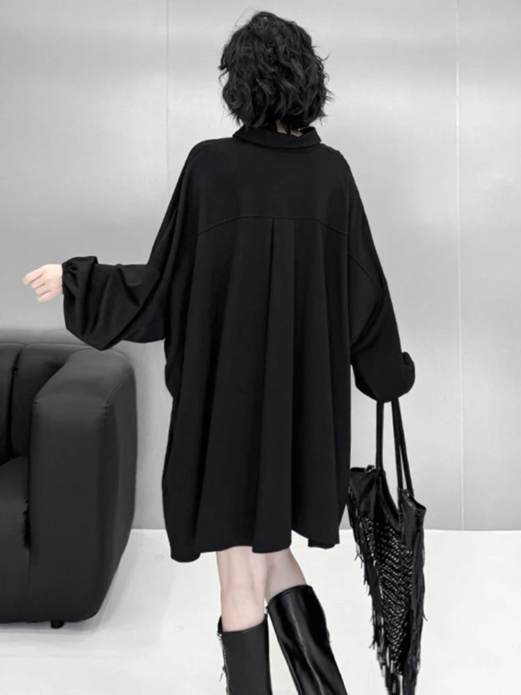 XITAO Hollow Out Batwing Sleeve Lapel Dress Casual Loose Fitting A-line Full Sleeve Elegant Turn-down Collar Women Dress GYX1700