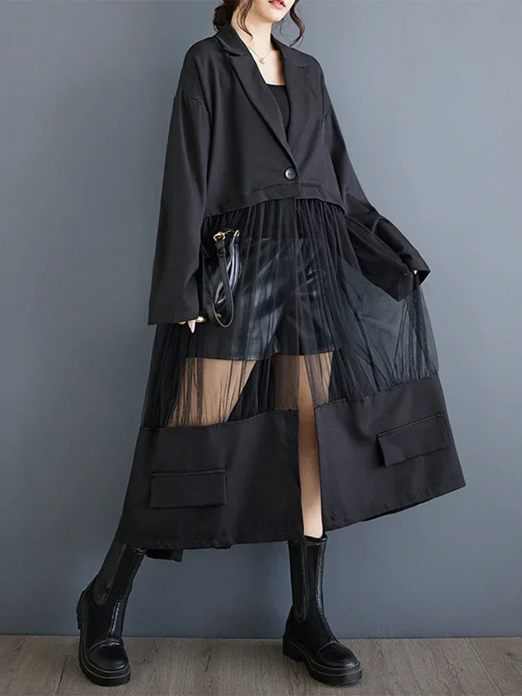 XITAO Gauze Patchwork Single Button Trench Contrast Color Turn-down Collar Loose Mid-calf Fashion Long Coat 2024 Autumn LJ1064