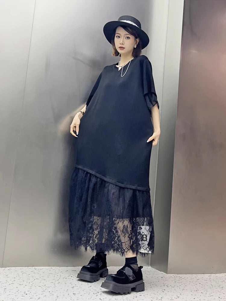 XITAO Black Casual Dress Loose Fashion Lace Patchwork Hem Loose Simplicity Women New Short Sleeve T-shirt Dress HQQ2330