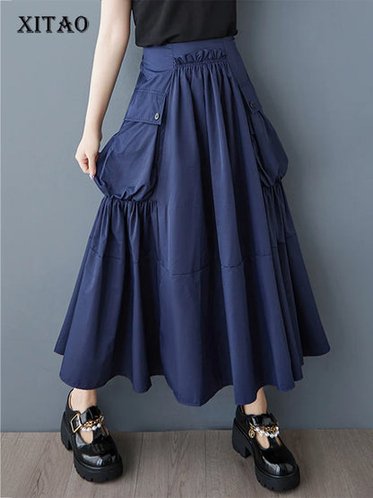 XITAO Casual Folds Big Pocket Female Skirt Simple Solid Color All-match Women Loose Fashion A-line Irregular Skirt GMM1299