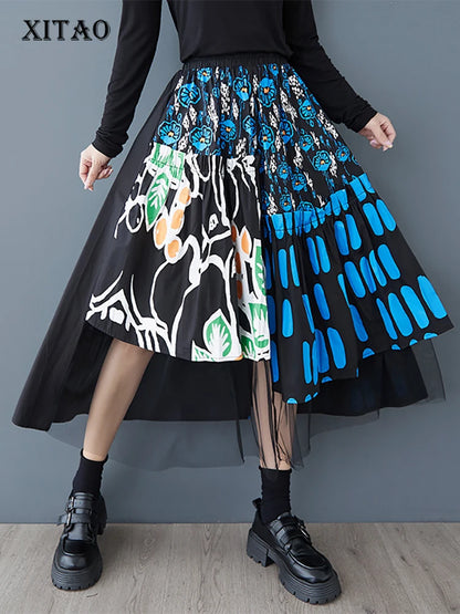 XITAO Gauze Patchwork Print Asymmetrical Skirt Elastic Waist Loose Fashion Slimming All Match Skirts Autumn New GMM1204