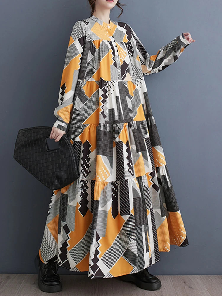 XITAO Long Sleeve Dress Geometric Contrast Color Print Loose Fashion Casual Women Temperament Simplicity Shirt Dress HQQ2257