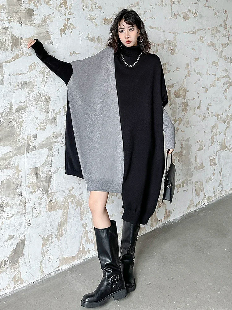 XITAO Contrast Color Asymmetrical Dresses Knitting Turtleneck Batwing Sleeve Loose Fashion Temperament Dress 2024 Autumn GYX1018